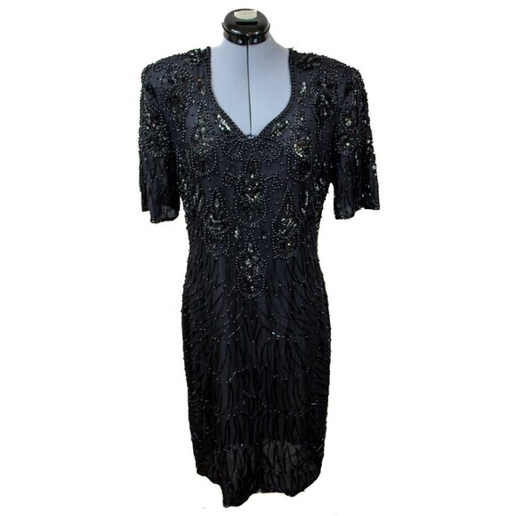 VTG MARK AND JOHN by SAM Sz 12 Black Beaded Silk Dress Midi Evening Glam 80s - Picture 1 of 5